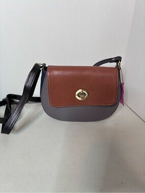 Soruka Two-Tone Brown, Gray and Black Leather Crossbody with Gold Turn-Lock